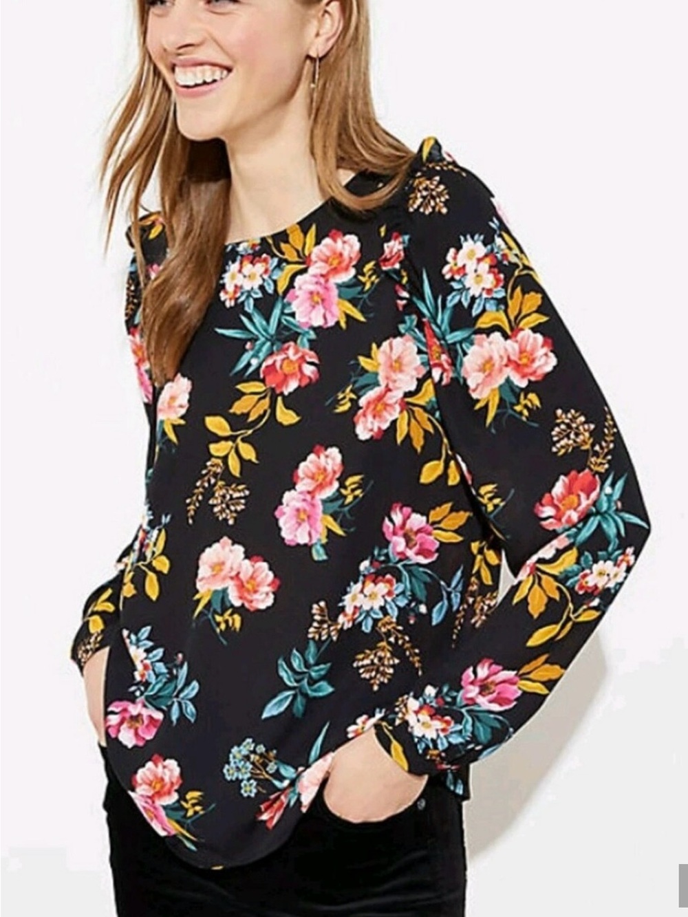 LOFT Black Floral Ruffle Long Sleeve Blouse Large